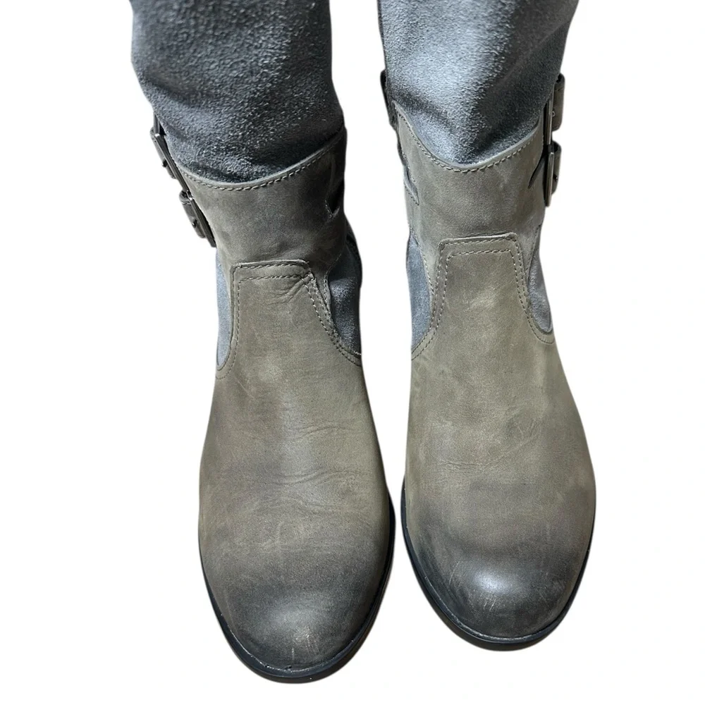 Sorel Lolla II Tall Quarry Gray Suede Knee High Double Buckle Zip Up Heel Boots